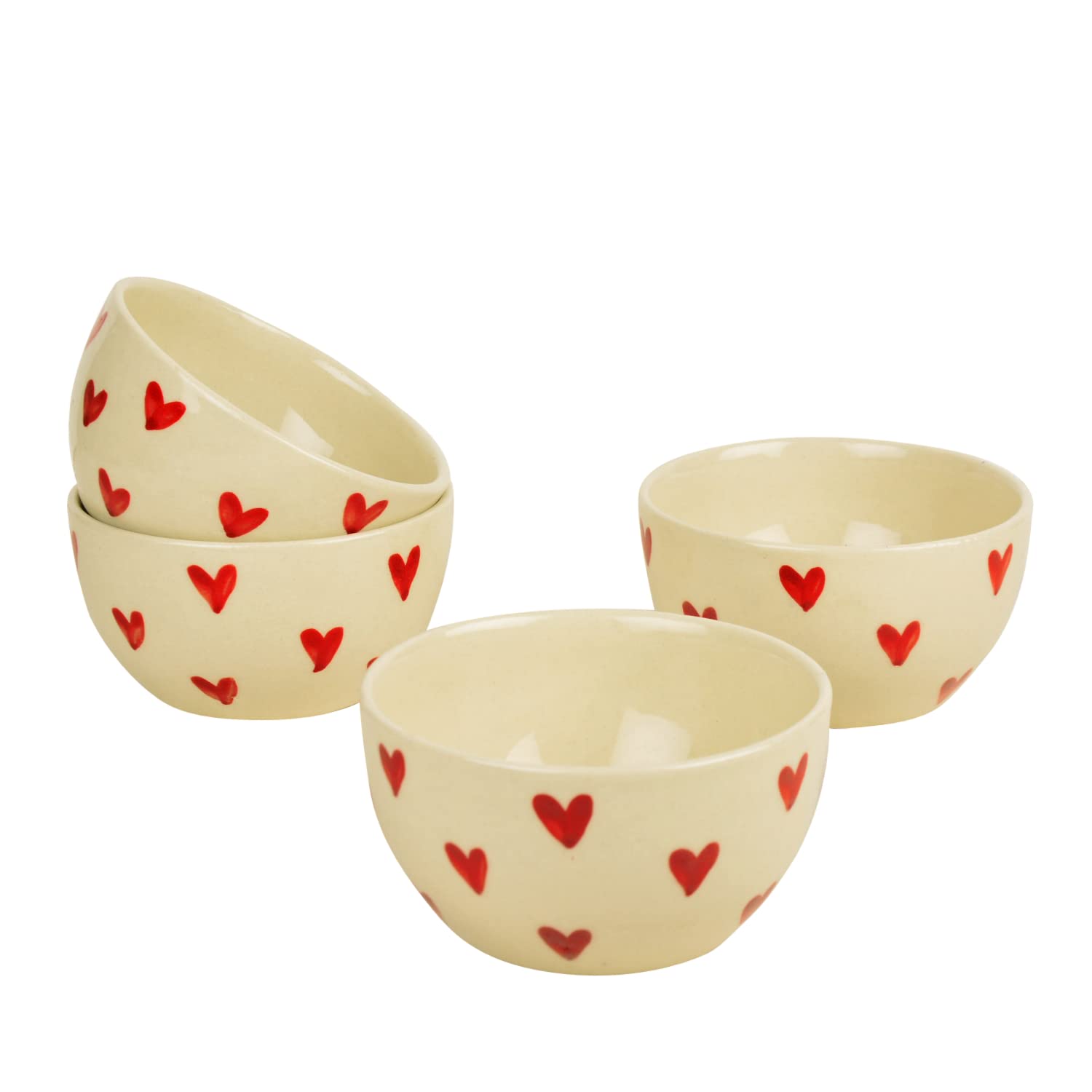 Hand Painted Ceramic Dining Bowls Set Of 4 - 350ml Each, Off White & Red | Vegetable & Dessert Serving Bowls - Ceramic Katoris