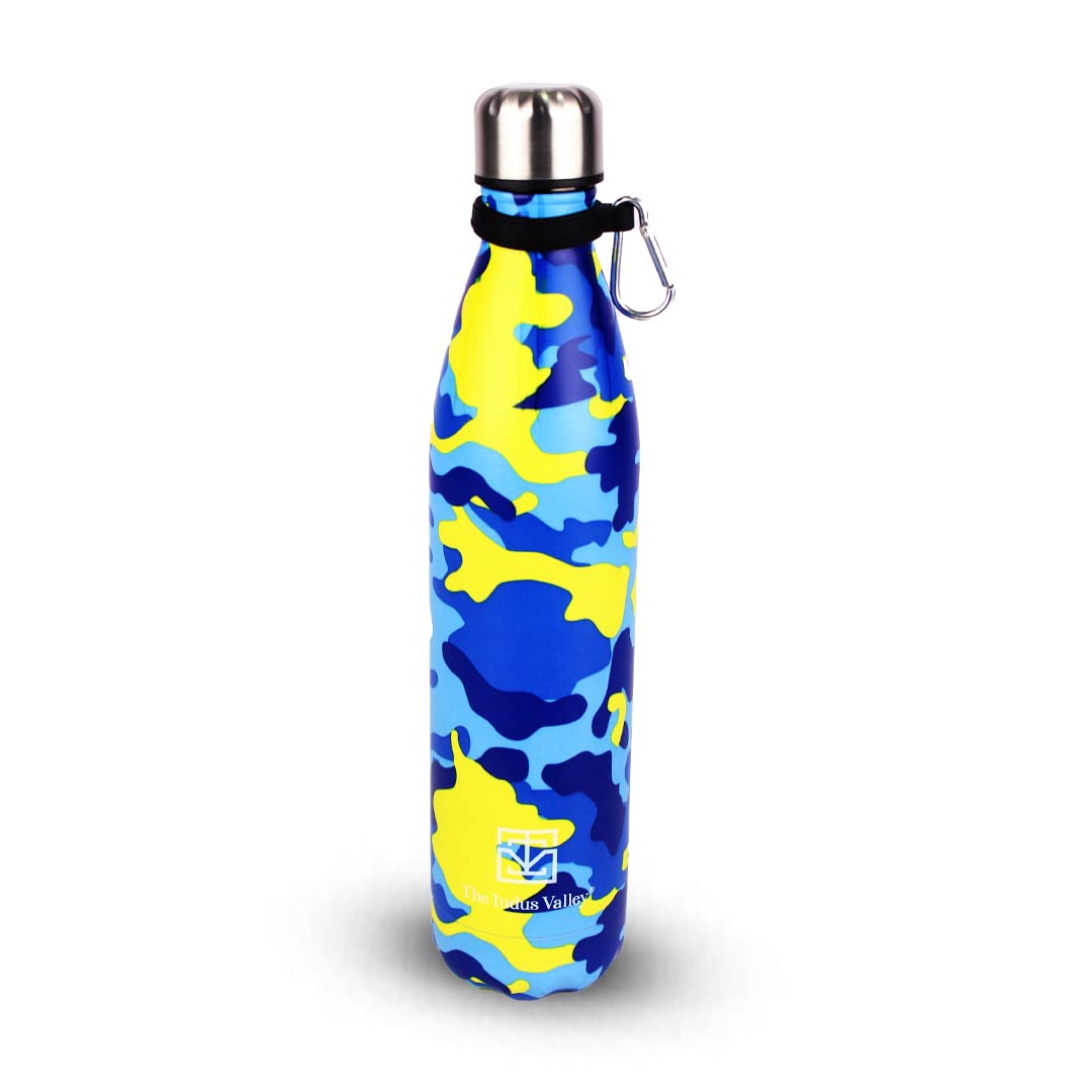 Vacuum Insulated Stainless Steel Cola Bottle For School, College, Office | Yellow & Blue, 1 Liter - Double Walled Vacuum, Hot & Cold Temperature, Leak Proof, BPA-Free