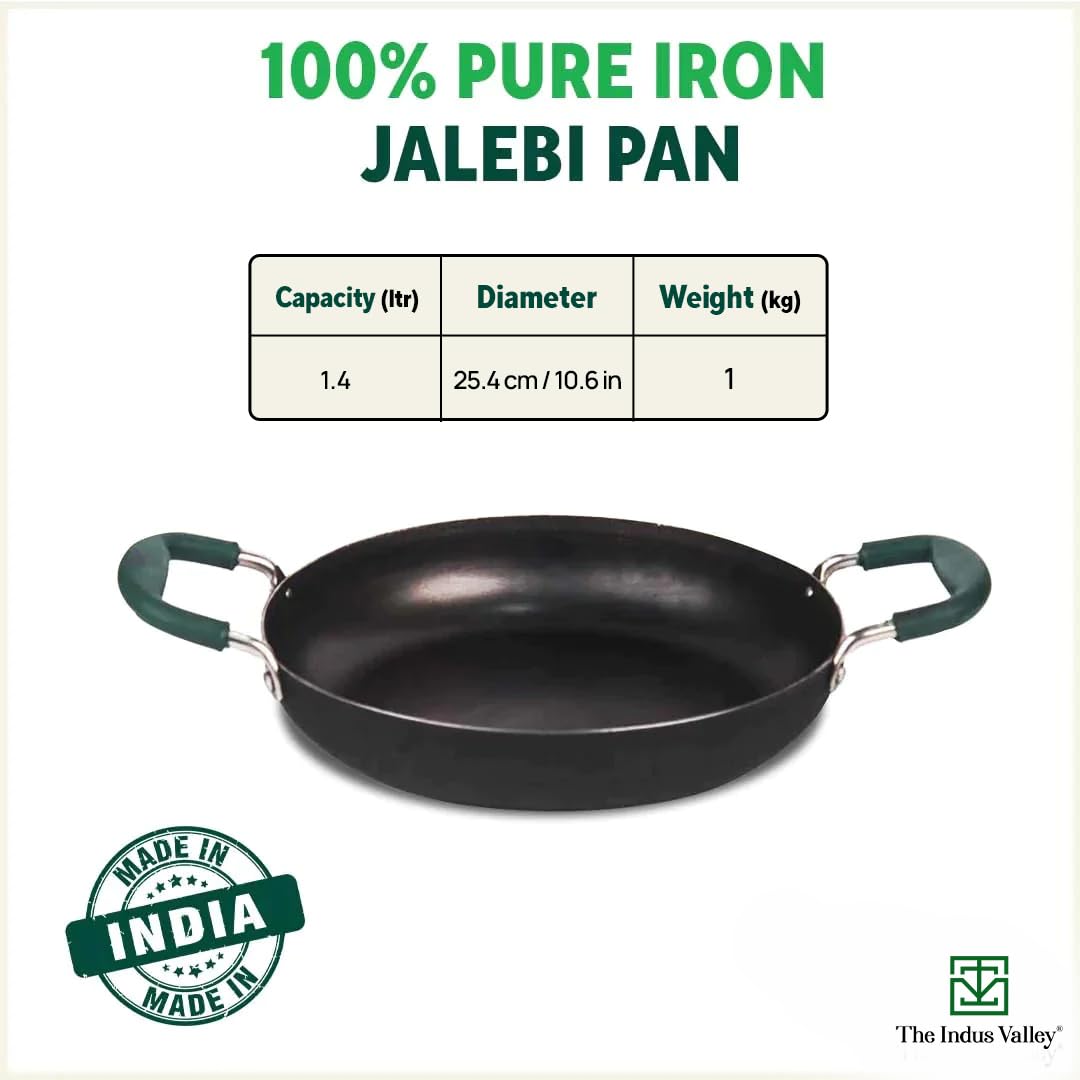 Pre-Seasoned Black Iron Jalebi Pan With Silicon Handle - Medium, 25.4cm, 10.6 Inch, 1.4 Ltr, 1 Kg | Induction Friendly, Pre-Seasoned Fry Pan, 100% Pure & Toxin-Free, No Chemical Coating