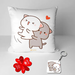 Peach & Goma Mochi Cat Pillow Cushion, Keychain With Card, White Color | Peach Goma Pillow, For Boyfriend, Valentines Gift For Girlfriend, Valentine Pillow For Couple, Model No - Combo 24