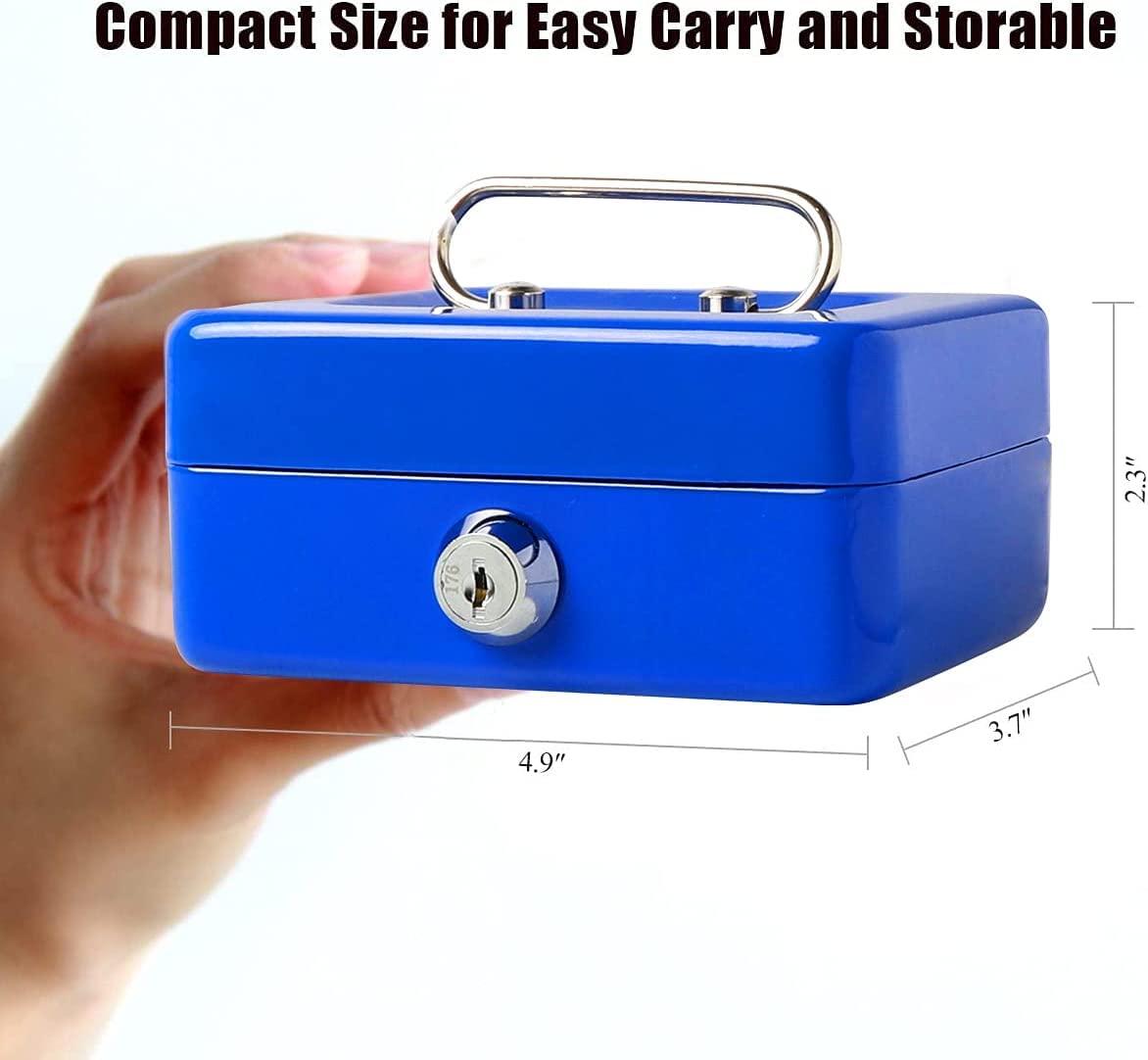 Metal Cash Box With Money Tray, Small Cash Box With Key Lock, Money Slot, Money Coin Safe Security Box Household For Home Office Hotel Business Use, Colour - Blue