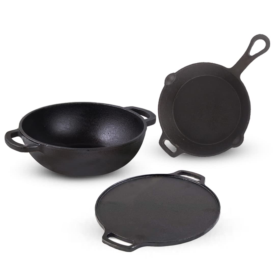 Pre-Seasoned Cast Iron Cookware Set - Tawa 30 Cm + Kadai 25.4 Cm, 2.3 Liters + Fry Pan 23 Cm, 1.4 Liters | Kitchen Cooking Combo Pots & Pans Set Of 3 Pcs - Naturally Nonstick