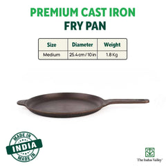 Super Smooth Black Cast Iron Shallow Fry Pan With Long Handle - Medium, 25.4cm, 10 Inch, 1.8 Kg | Induction Friendly, Nonstick Pre-Seasoned Fry Pan, 100% Pure & Toxin Free, No Chemical Coating