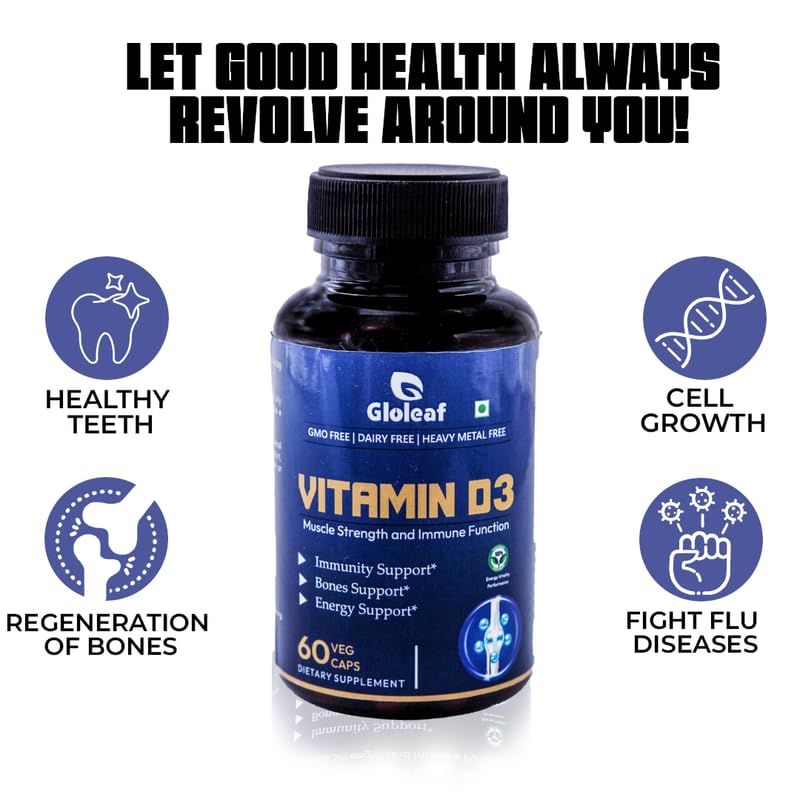 Gloleaf Vitamin D3 Supplement Plant Based Dietary Supplement Strengthens & Restores Bone Density | Suitable For Men & Women , 60 Veg Tablets , 100gm 0.2lbs