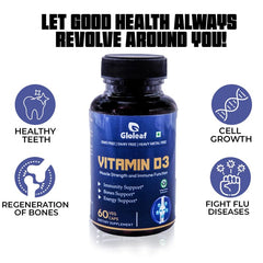 Gloleaf Vitamin D3 Supplement Plant Based Dietary Supplement Strengthens & Restores Bone Density | Suitable For Men & Women , 60 Veg Tablets , 100gm 0.2lbs
