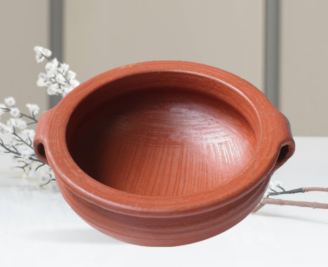 Deep Burned Uncoated Clay Pot With Handle Or Mitti Handi With 2 Spatulas Complimentary For Cooking & Serving - Red, 2 Liters | Pre-Seasoned Mud Pot - Unglazed, Double Fired, Hand Crafted