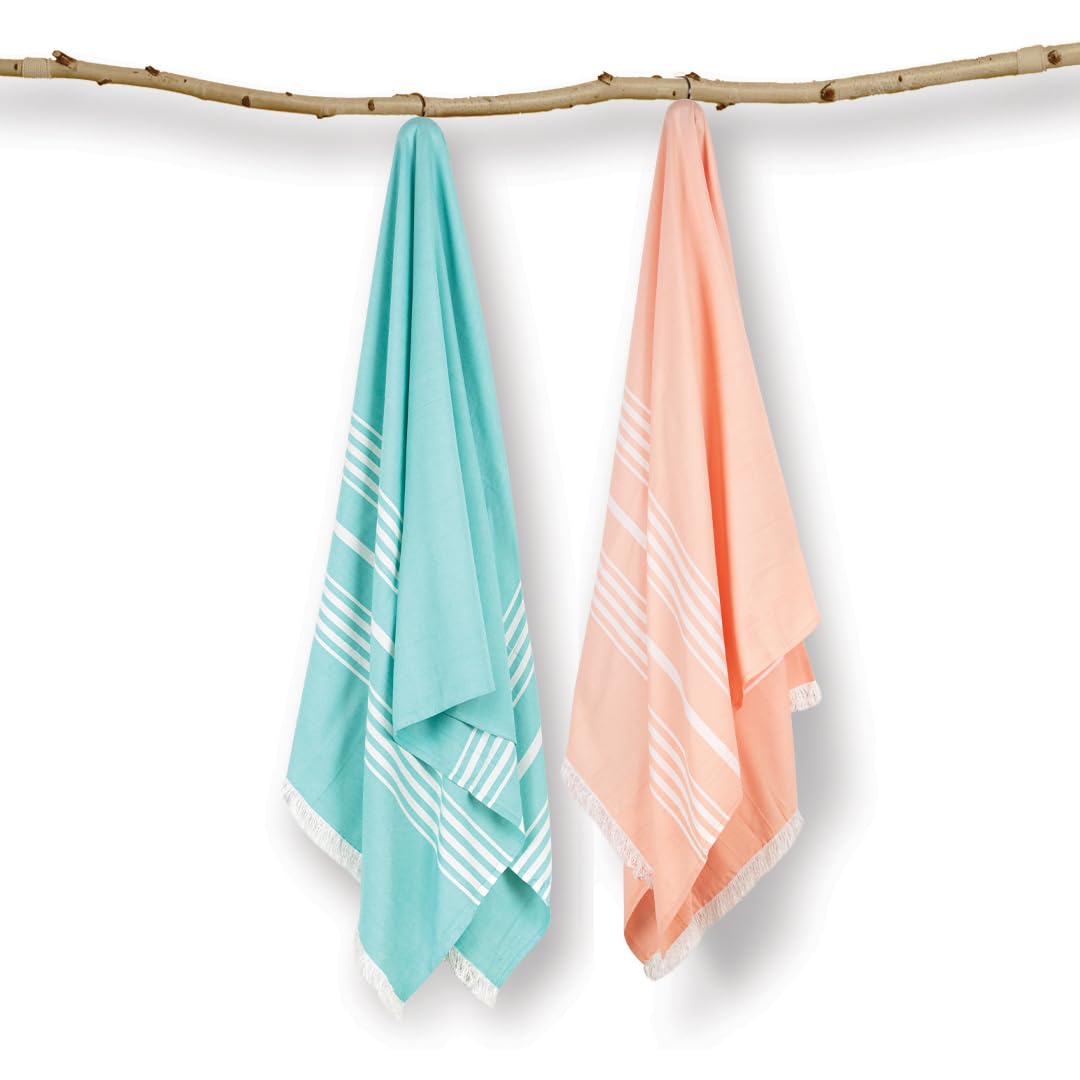 Mush 100% Bamboo Light Weight & Ultra-Compact Turkish Towel 290 Gsm | Super Soft, Absorbent, Quick Dry, Anti-Odor Bamboo Bath Towel (2, Peach - Aqua) 250 Tc