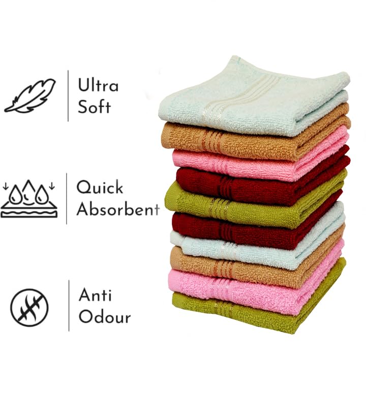 Space Fly Soft Cotton Face Towel 1200 Gsm | Absorbent Washcloths & Handkerchief Set For Home, Gym & Baby Care (Multicolor) - Set Of 8