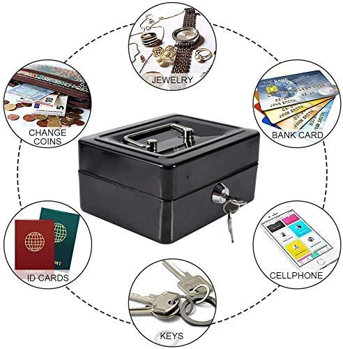 Lock Safe Metal Money Box With Key Storage Box, Cash Box With Money Tray, Money Saving Organizer For Kids, Jewellery Safe Locker With Plastic Coin Tray, Colour - Black