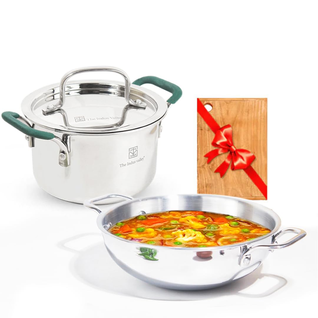 Triply Stainless Steel Cookware Set + Free Wooden Chopping Board | Kadai 20.3 Cm, 1.7 Liters + Stock Pot 22 Cm, 2.9 Liters - Pack Of 3 | Induction Friendly, Nonstick 3-Layer Body, 100% Pure & Toxin-Free