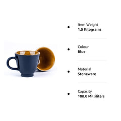 Ceramic Royal Tea Cups Set Of 6 - Midnight Blue, 180ml Each | Premium Stoneware Tea Set With Glossy Finish - Ceramic Tea Cup | Small Cups For Tea - Microwave Safe & Dishwasher Safe