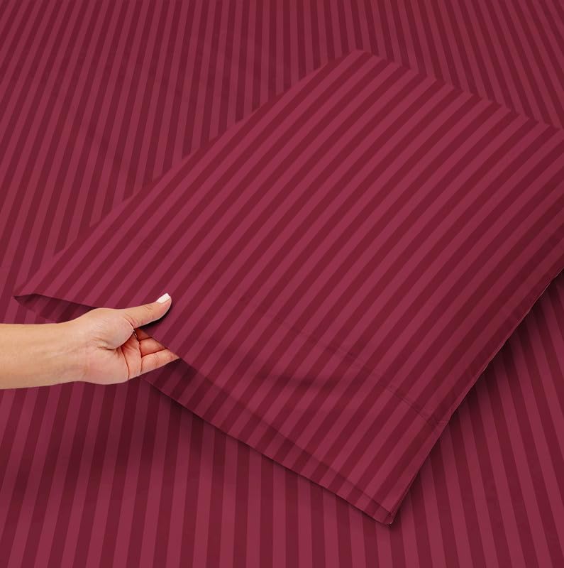 Double Bedsheets Queen Size With 2 Pillow Covers - Size-60 X72+8 Inches, Maroon | All Around Elastic 220 TC Super Soft Striped Pattern Breathable