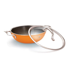 Vida Stainless Steel Triply Kadhai With Glass Lid - 24 Cm, 2.7 Liters | Etched Nonstick Kadai - Rivet Less Wired Double Handles | Induction & Gas Base, Volcanic Color