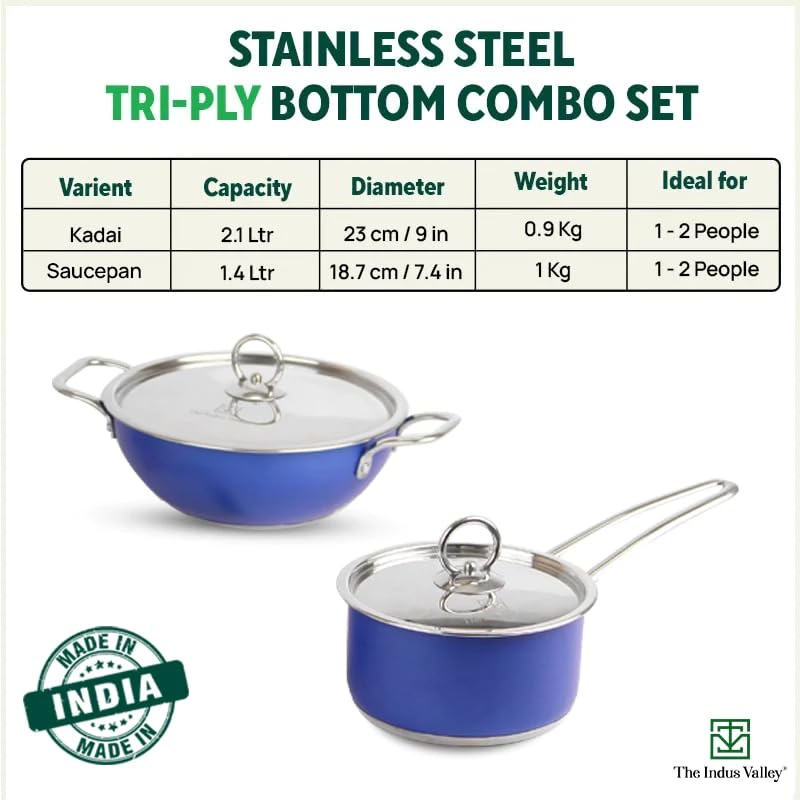 Stainless Steel Cookware Set + Free Wooden Spatula | Sauce Pan 18.7cm, 1.4 Liters + Kadai 23cm, 2.1 Liters | 3-Layer Bottom, 100% Toxin-Free, Naturally Non-Stick, Long Lasting