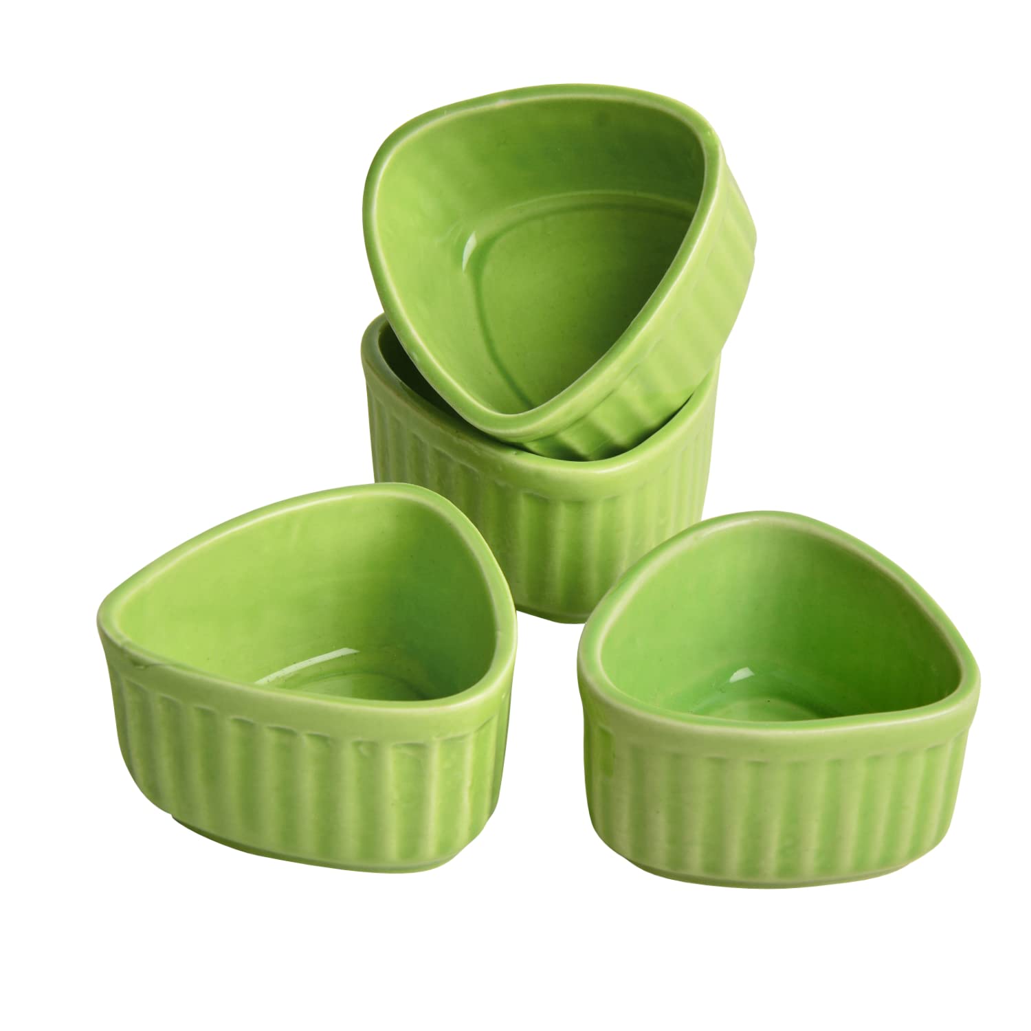 Handcrafted Ceramic Triangular Ribbed Dip Bowls Set Of 4 - Green, 50ml Each | Chutney Bowls - Ketchup Bowls