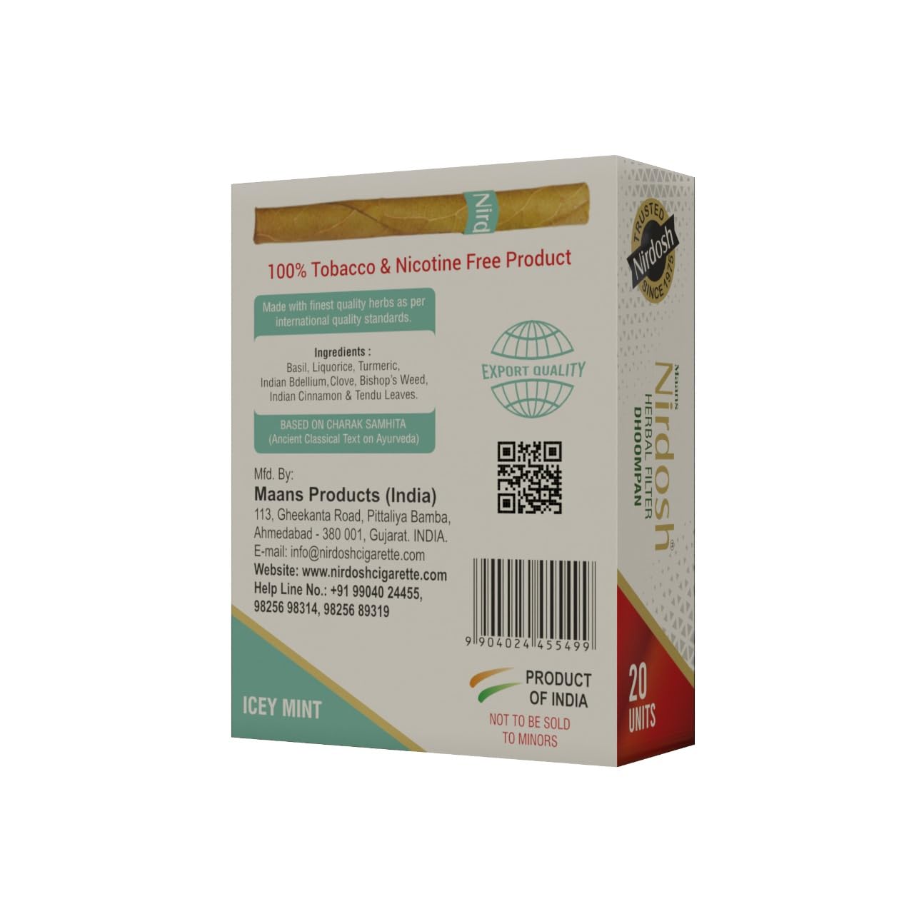 Icey Mint Flavored Herbal Filter Dhoompan Sticks - Pack Of 2X 20 Pcs Herbal Cigarette | Bidi Sticks Rolled In Tendu Leaves, Non-Addictive Sticks - Tobacco Free & Nicotine Free