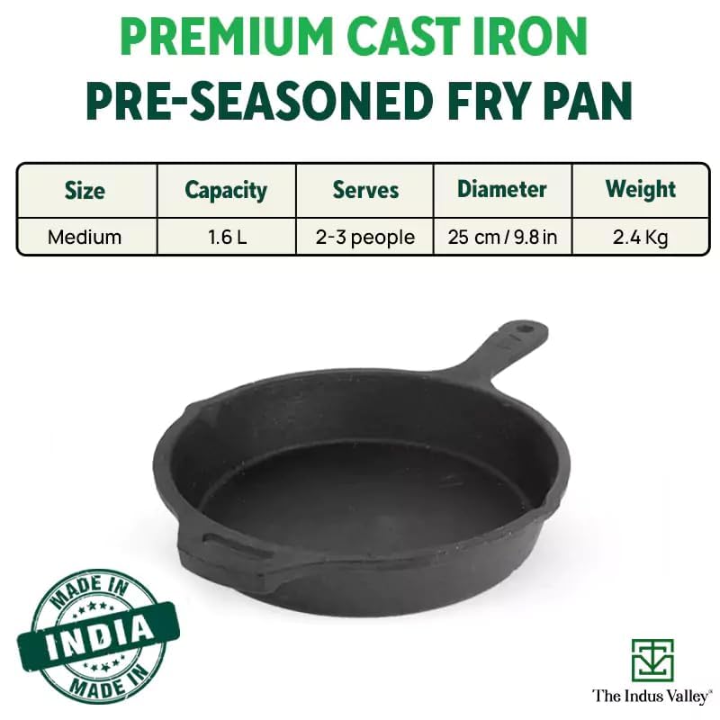 Pre-Seasoned Black Cast Iron Fry Pan Or Skillet With Long Handle - Medium, 25cm, 9.8 Inch,1.6 Ltr, 2.4 Kg | Induction Friendly, Nonstick Fish Fry Pan,100% Pure & Toxin Free, No Chemical Coating