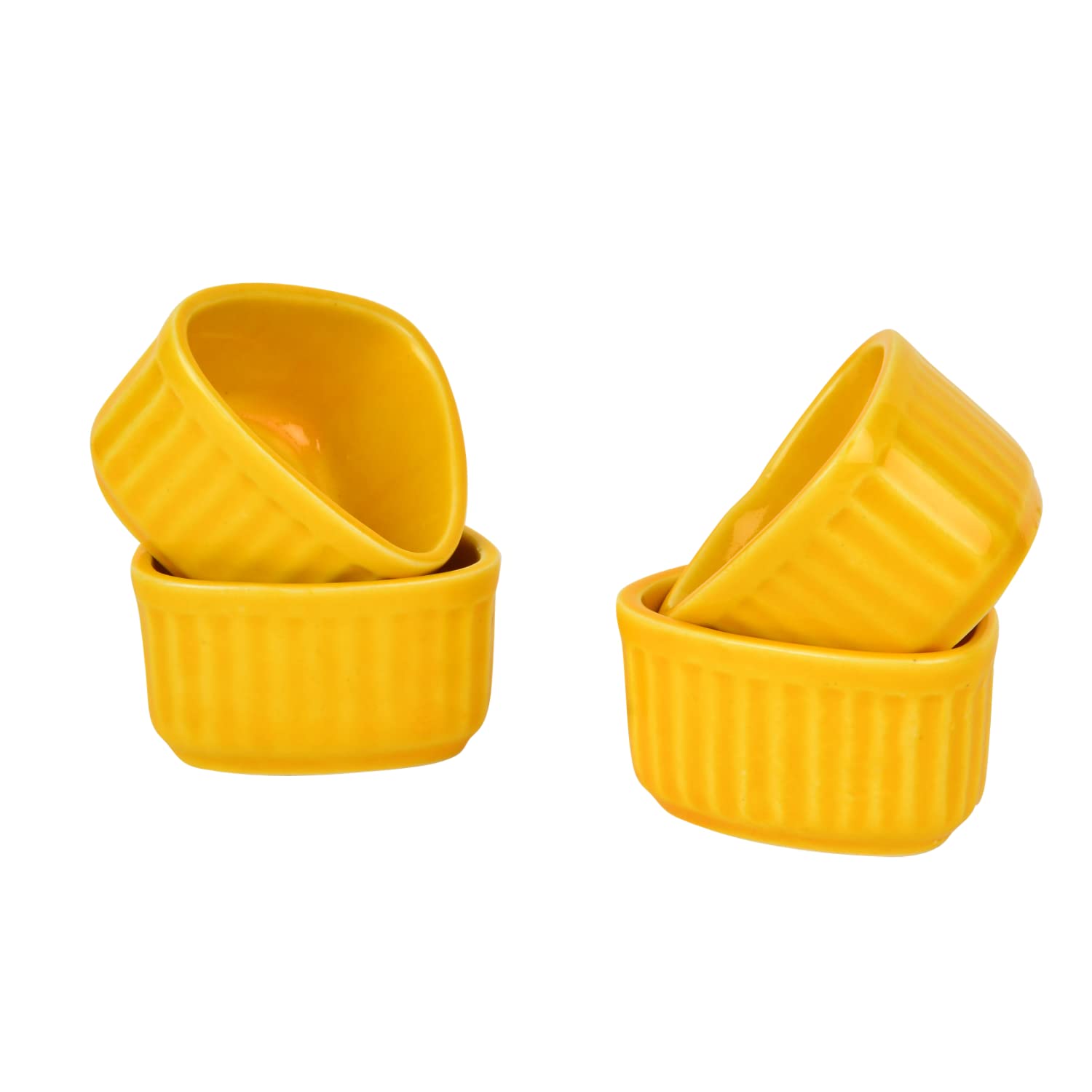 Handcrafted Ceramic Triangular Ribbed Dip Bowls Set Of 4 - Yellow, 50ml Each | Chutney Bowls - Ketchup Bowls