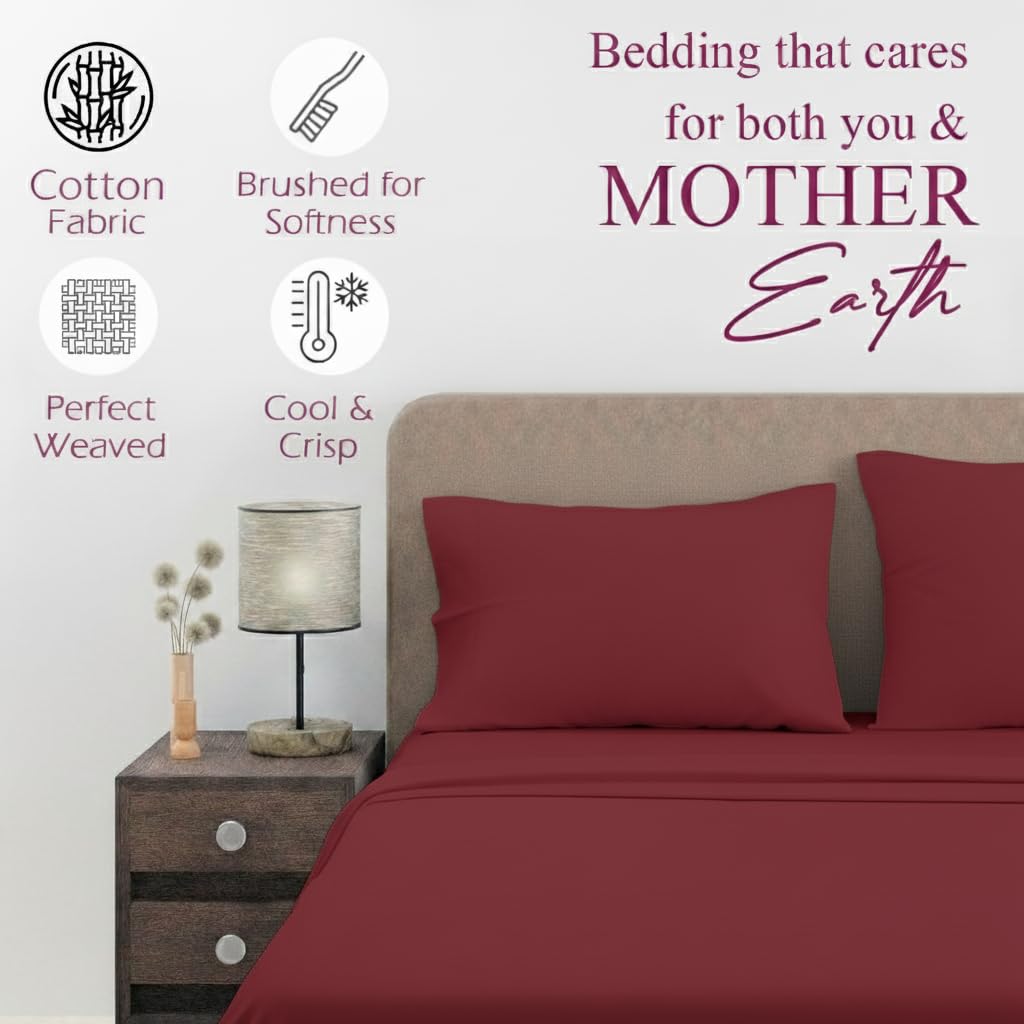 100% Cotton Flat Queen Size Bedsheet With 2 Pillow Cover - 88 X 96 Inches, Maroon | Breathable & Skin Friendly Bedsheet | Ideal For Hotel, Guest House, Bedroom
