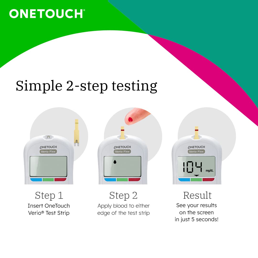 OneTouch Verio Flex Glucometer Machine | Simple & Accurate Testing Of Blood Sugar Levels At Home - Free 10 Test Strips + 10 Sterile Lancets + 1 Lancing Device