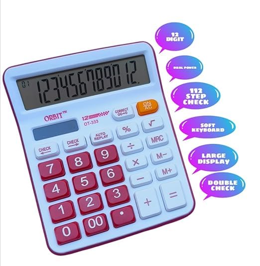 Adoere Solar & Battery Operated Calculator With 12-digit Large LCD Display & Buttons For School, Home, And Office (Ot-333) (Orange)