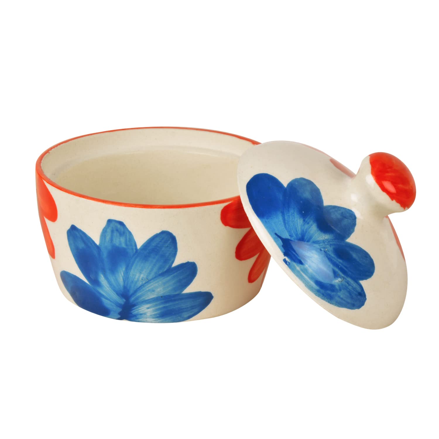 Hand Painted Ceramic Butter Pot With Lid - Red & Blue, 300ml | Chutney Jar - Pickle Pot, Jam Jar