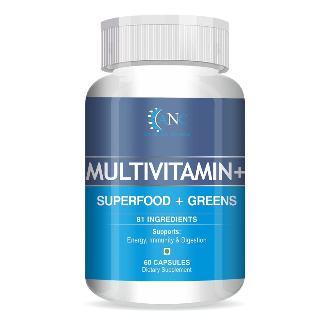 Anc Natural Plant Based Multivitamin For Immunity, Energy & Detox With Ingredients Like Superfoods, Greens, Vegetables, Fruits & Herbs Supplement | 60 Veg Capsules , 100gm 0.2lbs