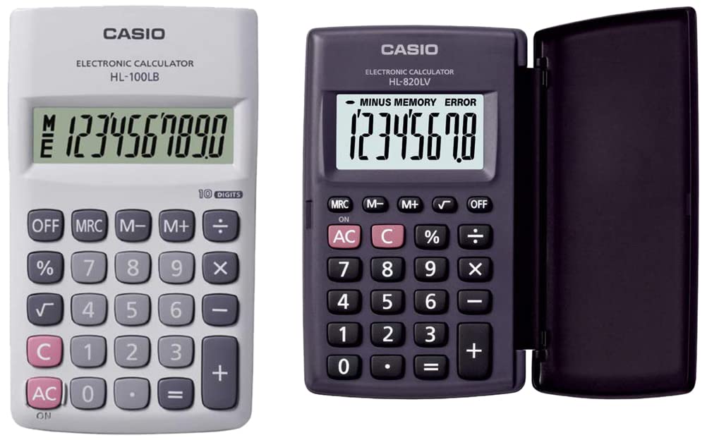 Casio HL-100LB Portable Calculator, 10 Digit & Casio HL820LV-BK Portable Calculator With Flap Cover | Pocket Size Calculator