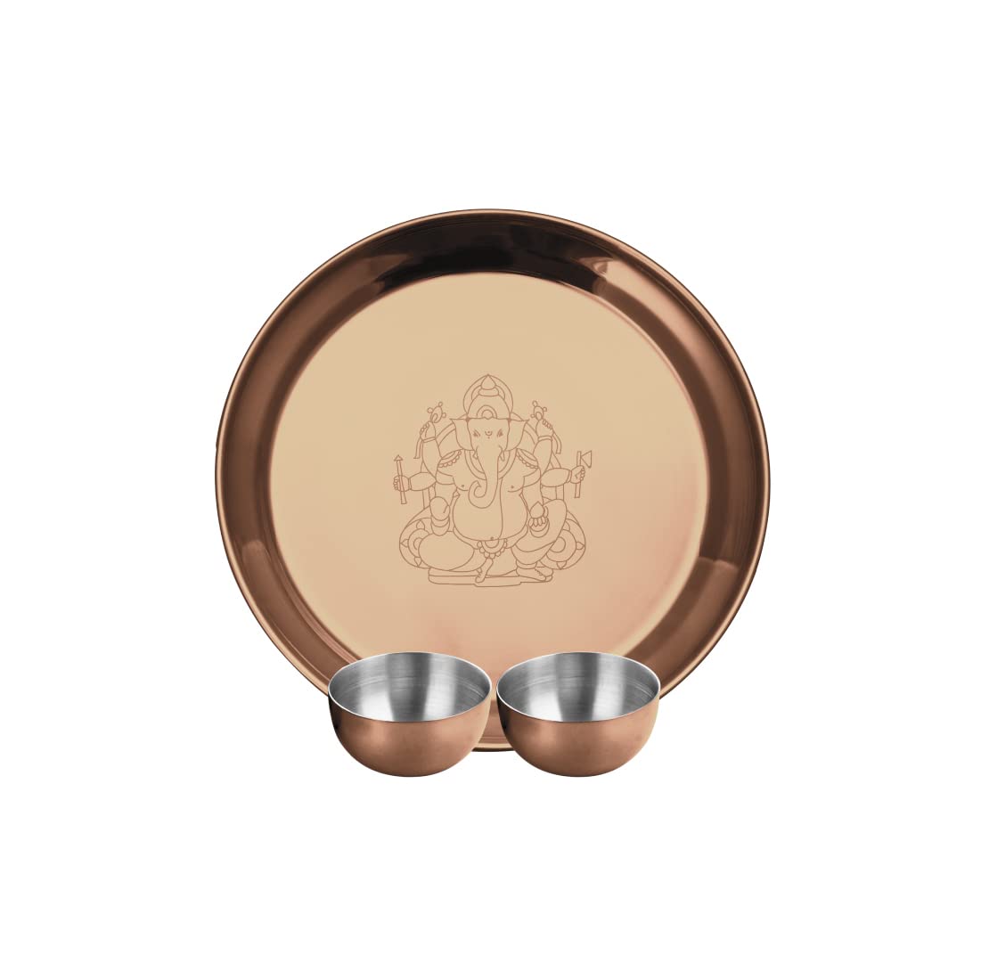 Stainless Steel Ganesh Pooja Thali Set Of 3, Rose Gold PVD Coating | 1 Pooja Thali+ 2 Katoris - Easy To Clean & Dishwasher Safe