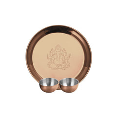 Stainless Steel Ganesh Pooja Thali Set Of 3, Rose Gold PVD Coating | 1 Pooja Thali+ 2 Katoris - Easy To Clean & Dishwasher Safe