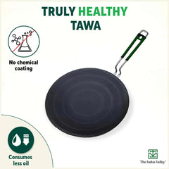 Pre-Seasoned Black Iron Concave Tawa For Dosa, Chapathi With Silicone Grip - 25.5cm, 10 Inch, 0.8 Kg | Gas Compatible, 100% Pure & Toxin-Free, No Chemical Coating