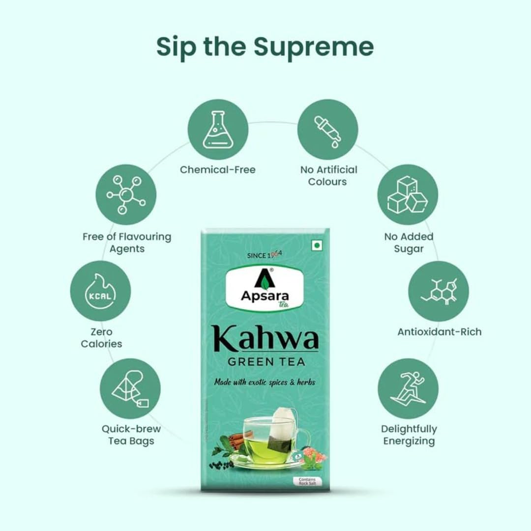 Apsara Detoxifying Kahwa Green Tea - 100 Tea Bags | Blended With Rock Salt, Tulsi, Cardamom, Cinnamon, Black Pepper, Ashwagandha Tea - Immunity Booster, Promotes Skin Glow