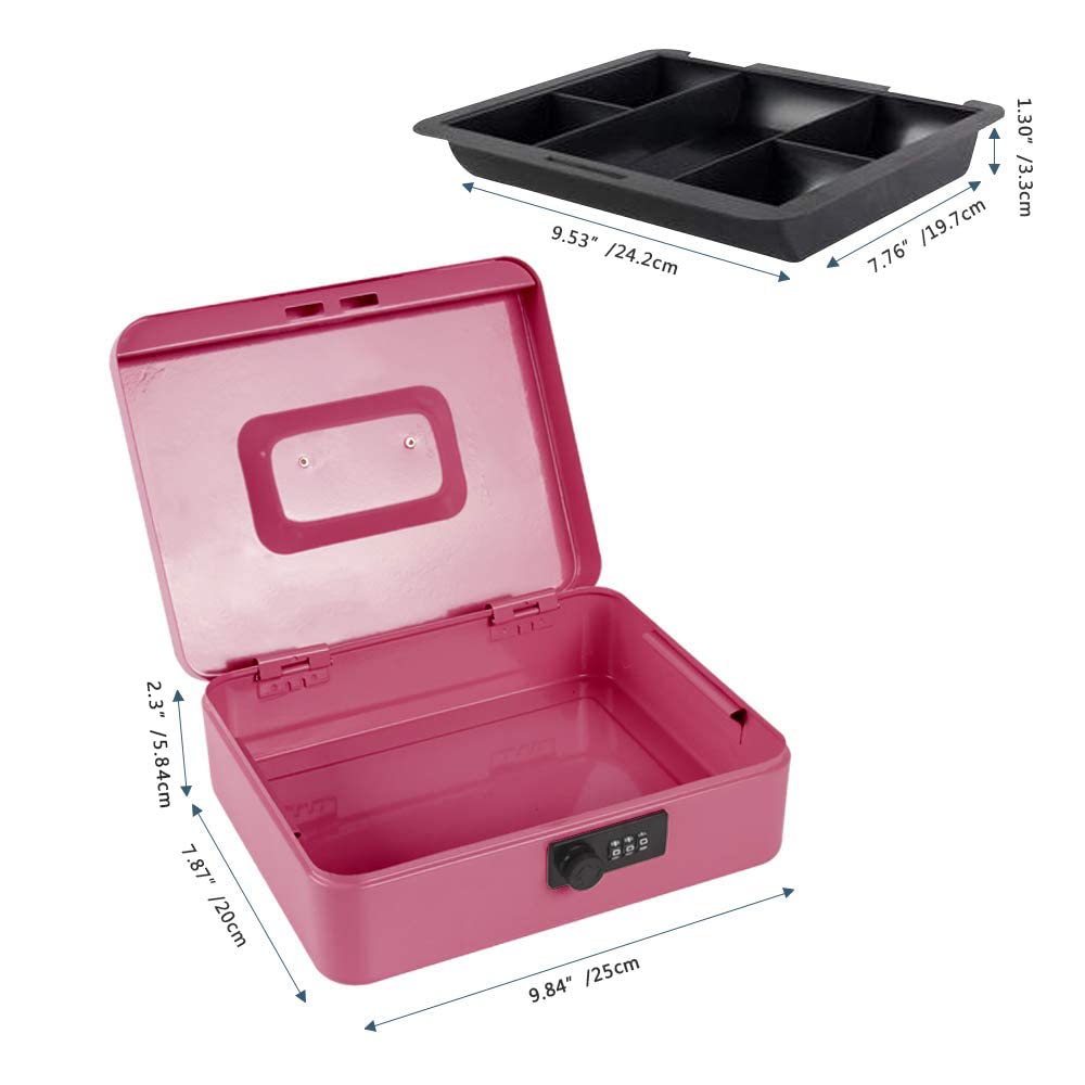 Large Cash Box With Combination Lock Safe Metal Money Box With Money Tray For Security Lock Box 9.84"X 7.87"X 3.54" Colour - Pink