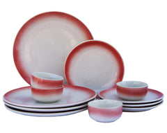 Handcrafted Ceramic Stoneware Dinner Set - Pack Of 12 Pcs, Off White & Red | 4 Dinner Plates, 10 Inch Each + 4 Small Plates, 7 Inch Each+ 4 Small Dinner Bowl, 180ml Each - Microwave & Dishwasher Safe