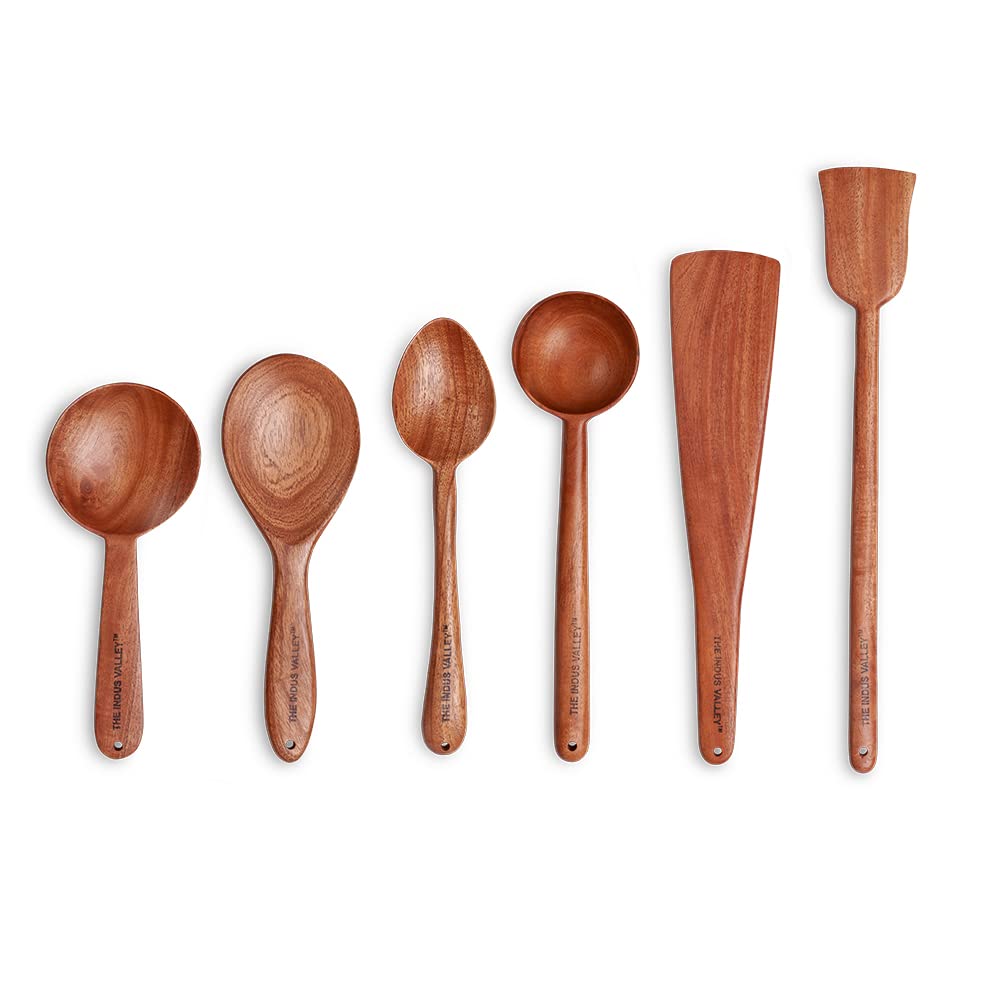 Brown Neem Wood Compact Flip, Spatula, Ladle For Cooking Dosa, Roti, Chapati | Kitchen Tools - No Harmful Polish, Naturally Non-Stick | Handmade Set Of 6, 23 Cm