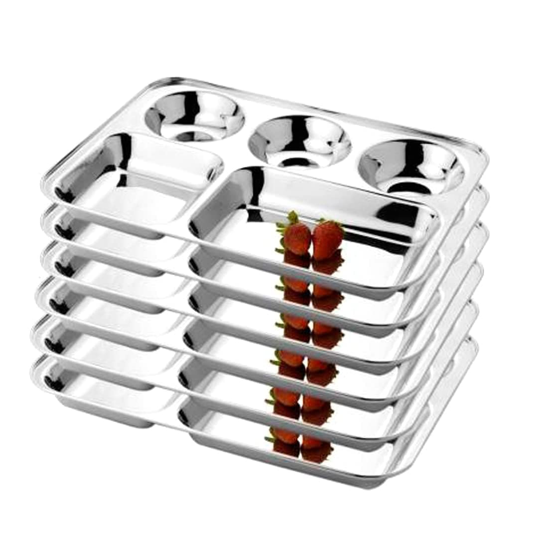 Silver Stainless Steel Partition Plate 5 In 1 - Bhojan Thali | Compartment Plate - Steel Thali - Dinner Plate Set Of 6