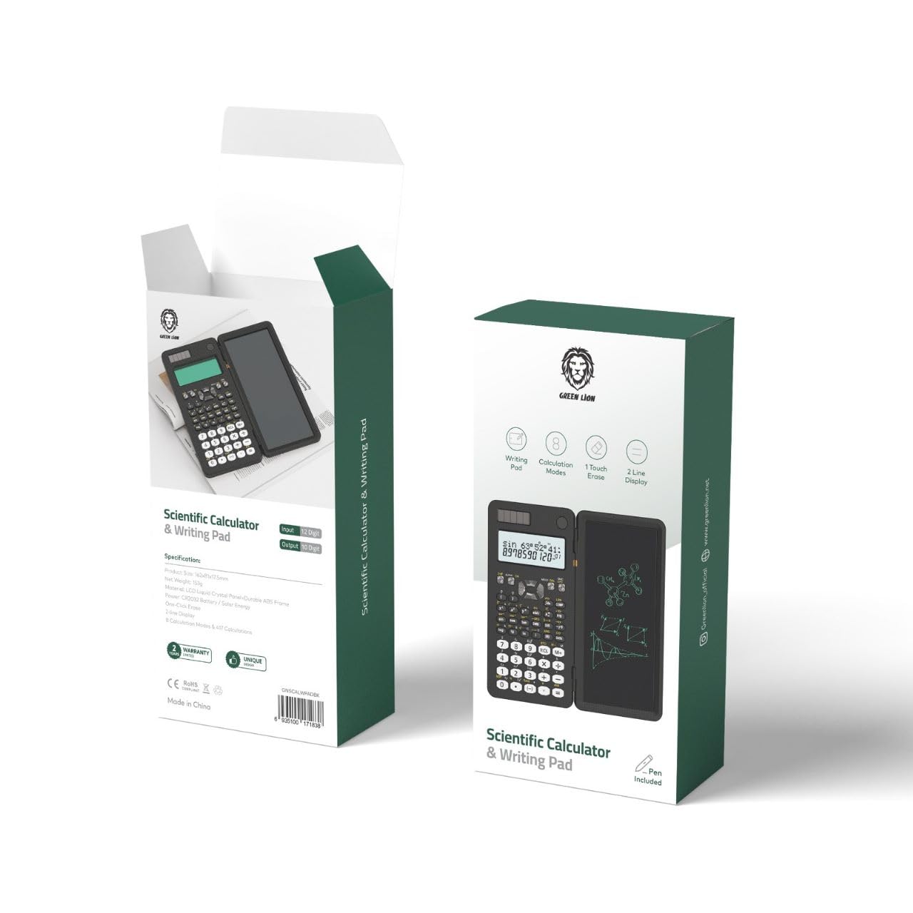 Green Lion Advanced Scientific Calculator With Writing Pad By | 8 Modes & 417 Calculations, 2 Line Display, Solar Rechargeable, Take Notes/steps In Writing Pad For Math Problems (Pen Included)