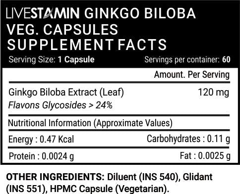 Livestamin Ginkgo Biloba Extract For Healthy Brain Function, 120mg, Ginkgo Biloba Helps Combat Poor Concentration, Prevents Further Cognitive Decline | 60 Veg Capsules 100gm 0.2lbs