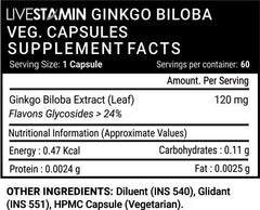 Livestamin Ginkgo Biloba Extract For Healthy Brain Function, 120mg, Ginkgo Biloba Helps Combat Poor Concentration, Prevents Further Cognitive Decline | 60 Veg Capsules 100gm 0.2lbs