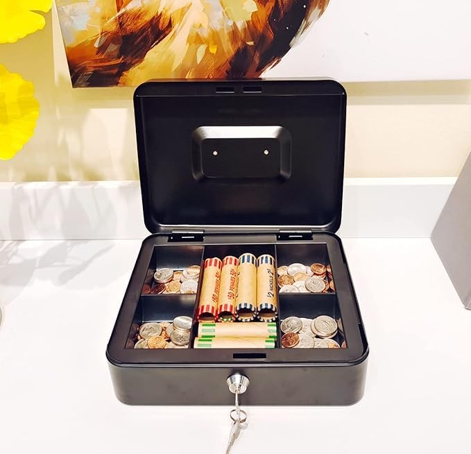 Cash Box With Money Tray & Key Lock Large Security Box Metal Safe Box For Money 9.84 X 7.87 X 3.54 Inches, Colour - Black