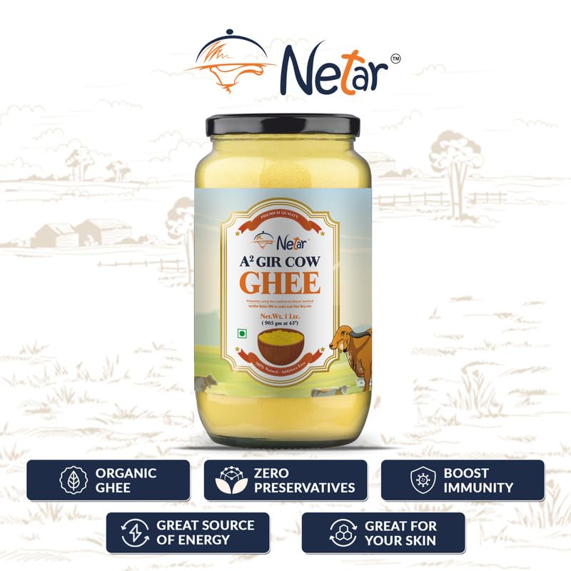 100% Natural A2 Gir Cow Ghee By Netar | Rich In Vitamins A, E Healthy Desi Ghee For Boosts Immunity | (1 Litr) 33.8 Ounce | Jar Pack