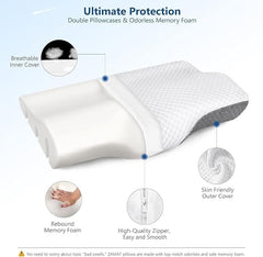 Contour Memory Foam Pillow, Orthopedic Pillows For Sleeping - Grey & White | Pillows For Neck Pain Relief, Ergonomic Cervical Pillows | For Side & Back Sleepers, Breathable, Adjustable