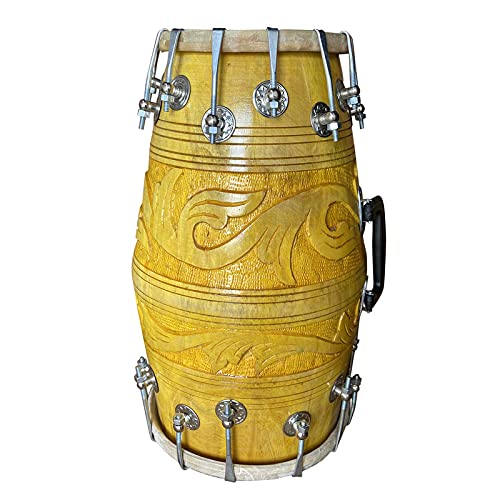 Carving Design Dholak - Percussion Indian Music Instrument Folk For Bhajan Kirtan Pooja | Mango Wood Dholak - Golden