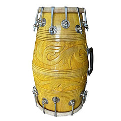 Carving Design Dholak - Percussion Indian Music Instrument Folk For Bhajan Kirtan Pooja | Mango Wood Dholak - Golden
