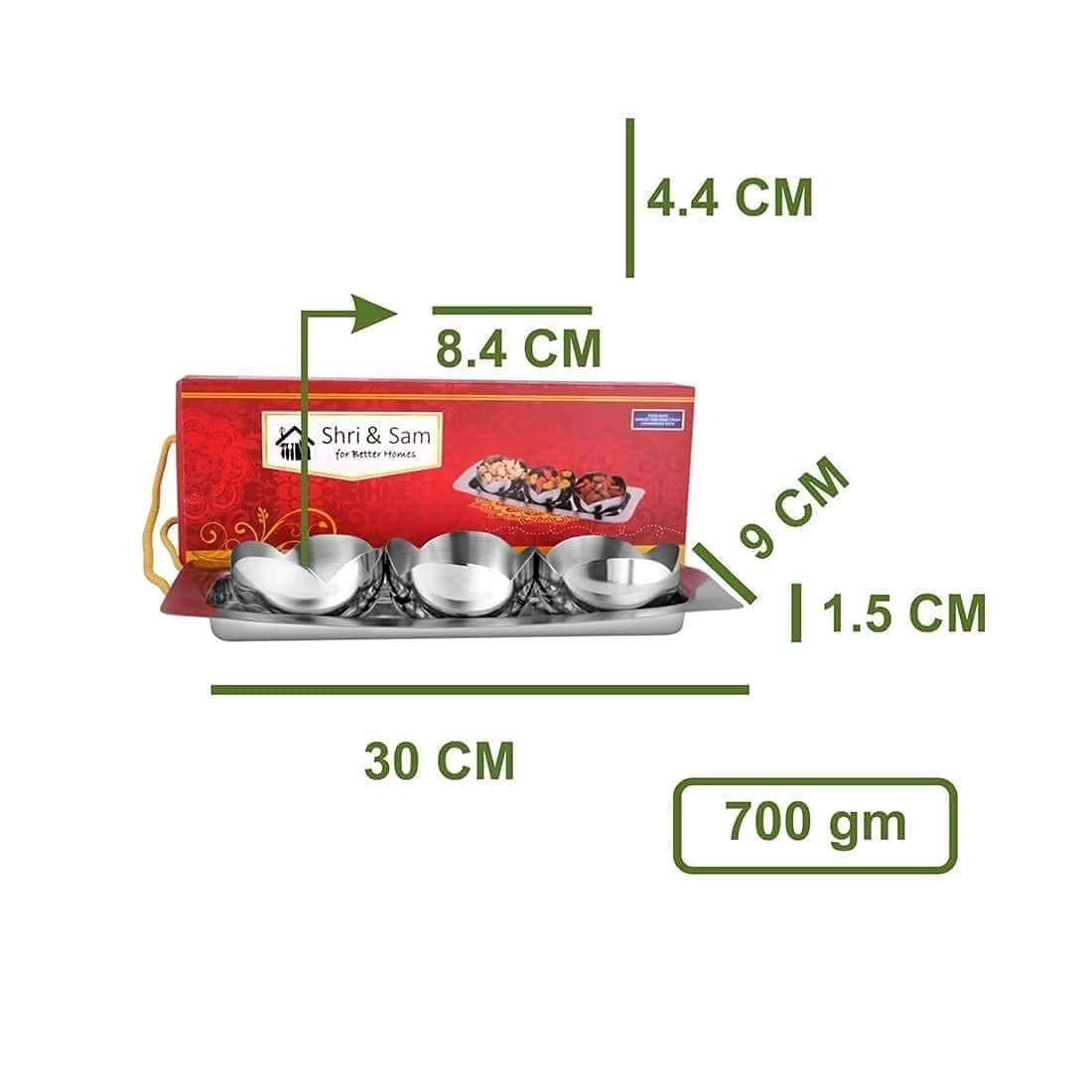 High Grade Stainless Steel Tacos 3 Pcs Bowl Set With Tray | Server Like Any Foods, Snack, Sweet, Etc. - 8.5 Cm Each, 300ml Each Bowl + 30 Cm Tray