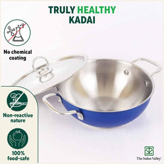 Coloured Stainless Steel Kadai With Steel Lid - Blue, Medium 23cm, 9 Inch, 2.1 Liters, 0.9 Kg | Induction Friendly, Nonstick 3-Layer Bottom, 100% Pure & Toxin-Free, No Chemical Coating