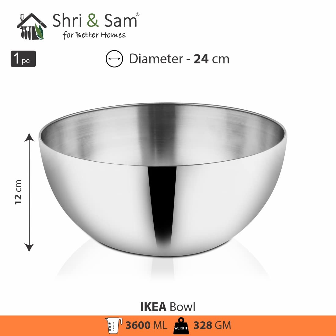 Silver Stainless Steel Ikea Bowl - 24 Cm, 3600ml | Dishwasher Safe, Rust Free & Lightweight