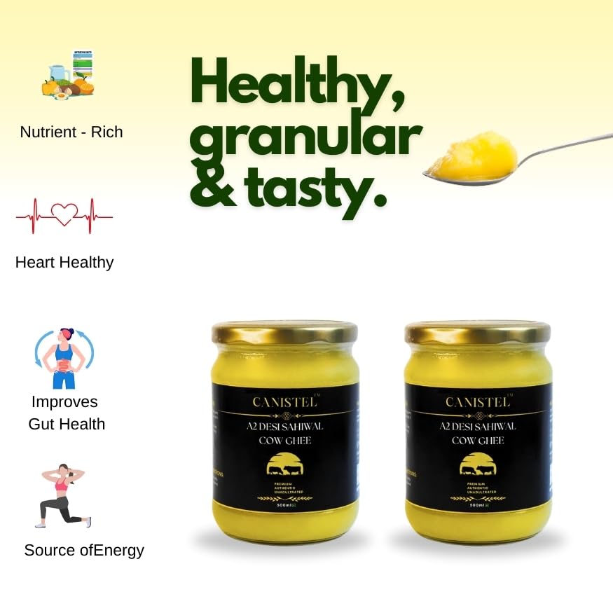 Premium A2 Desi Sahiwal Cow Ghee By Canistel | Traditionally Hand Churned With Bilona Method Healthy Pure Desi Ghee For Body Joint Pain | (500ml) 16.9 Ounce | Glass Jar