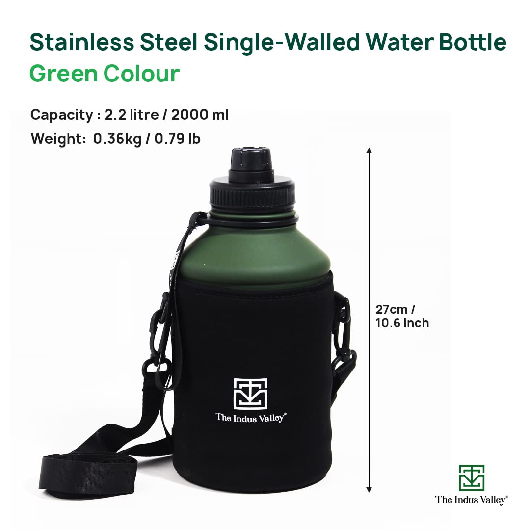 Stainless Steel Water Bottle For School, Outdoor, Gym, Home, Office With Sleeve Bag | Green, 10.6 Inch, 2.2 Liters - Durable, Leak Proof, BPA-Free