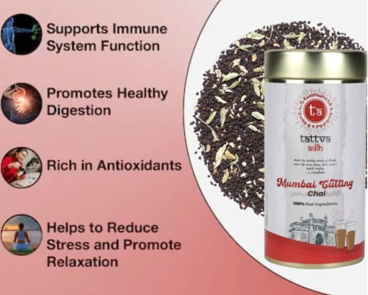 Tattva Adih Mumbai Cutting Chai - 100gm Tin, 3.5 Ounce, 50 Cups | CTC Blended With Elaichi, Ginger, Black Pepper - Premium Blend In Airtight Container